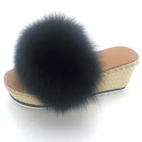 Women's Luxury Black Color Real Fox Fur Wedges Summer House Slipper