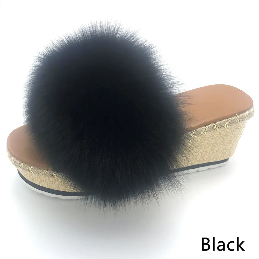 Women's Luxury Black Color Real Fox Fur Wedges Summer House Slipper