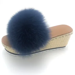 Women's Luxury Navy Blue Color Real Fox Fur Wedges House Slippers