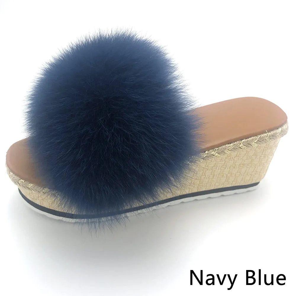 Women's Luxury Navy Blue Color Real Fox Fur Wedges House Slippers