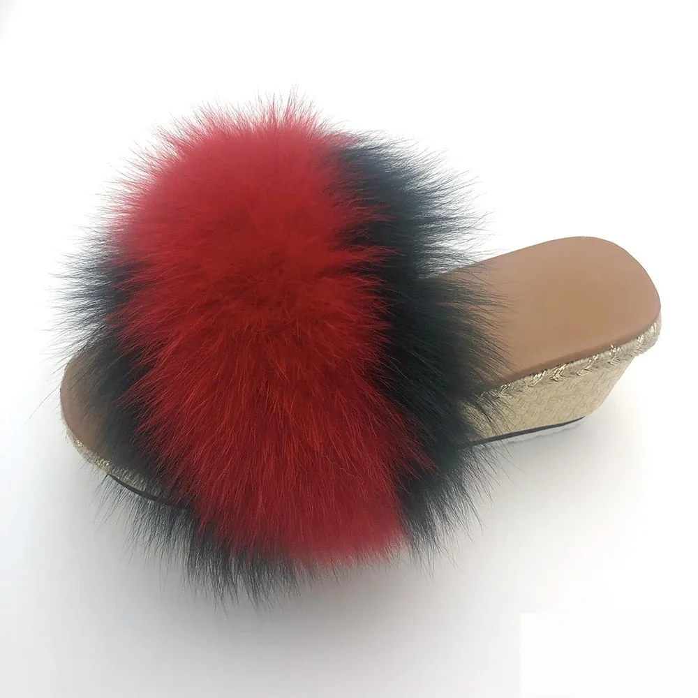 Women's Luxury Summer Real Fox Fur Indoor High-Heel House Slippers