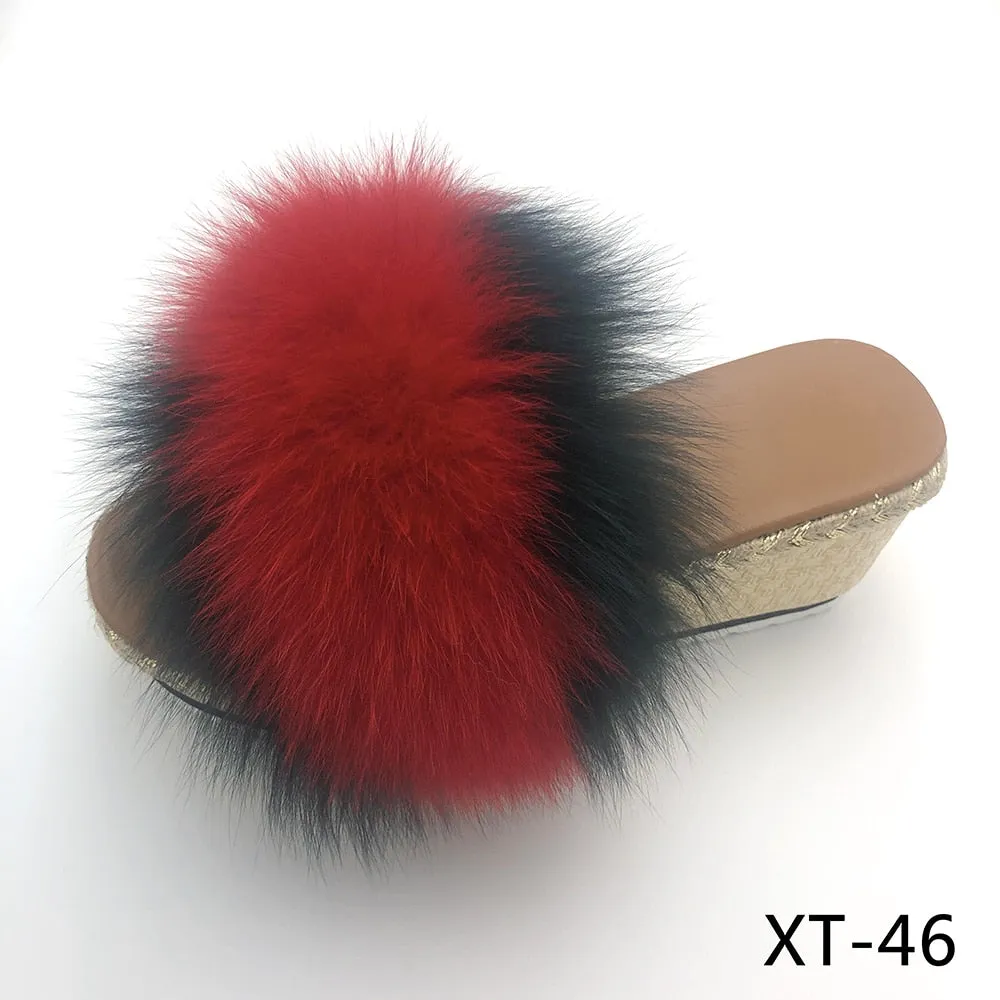 Women's Luxury Summer Real Fox Fur Indoor High-Heel House Slippers