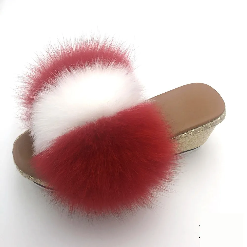 Women's Luxury Summer Real Fox Fur Wedges High Heel House Slippers