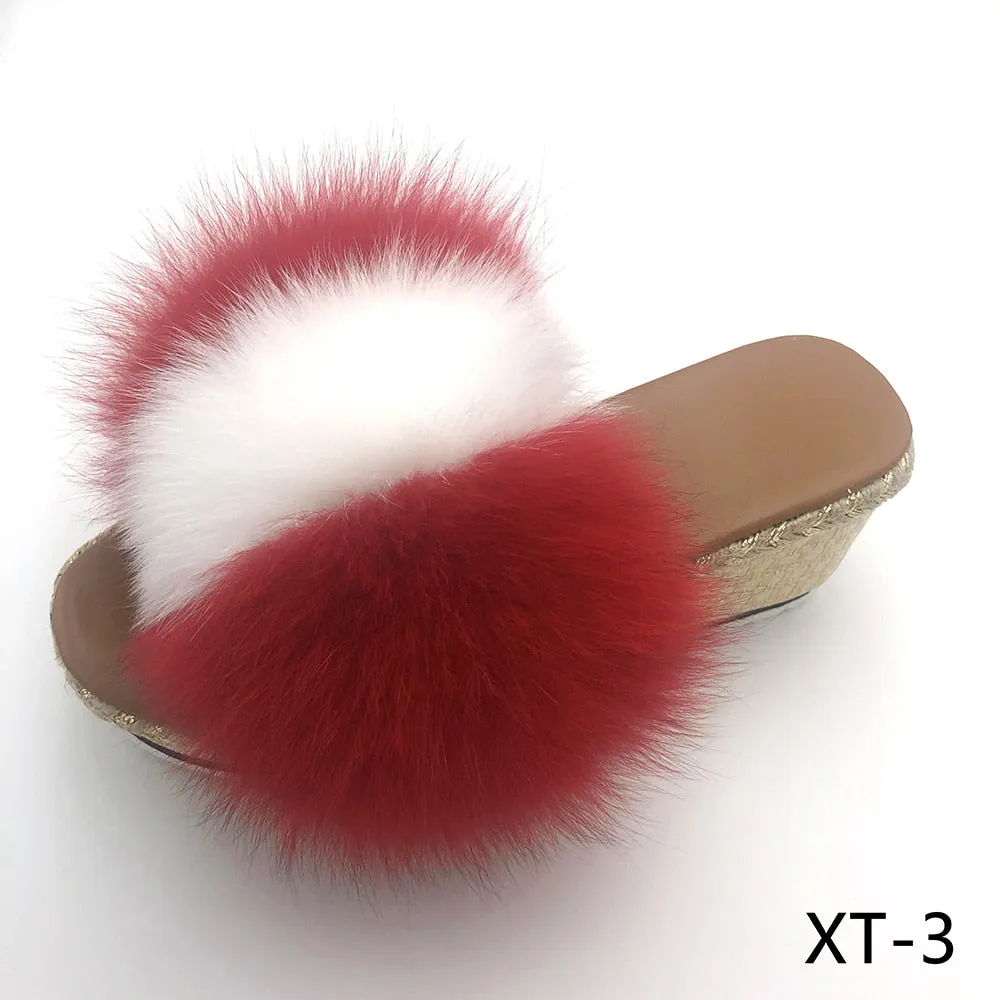 Women's Luxury Summer Real Fox Fur Wedges High Heel House Slippers