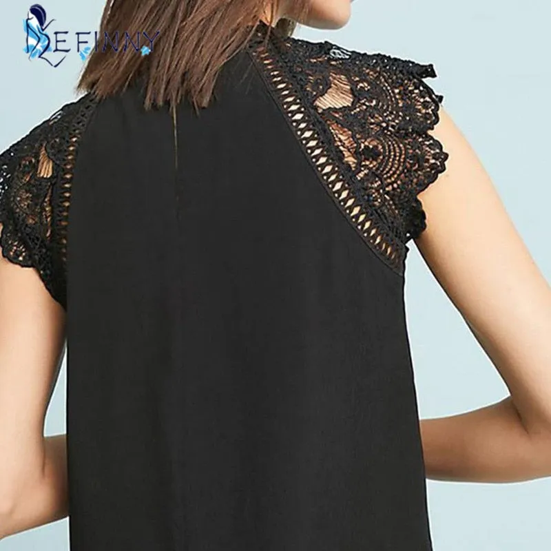 Women's Sleeveless Blouse Lace Patchwork Solid Shirt Black/White