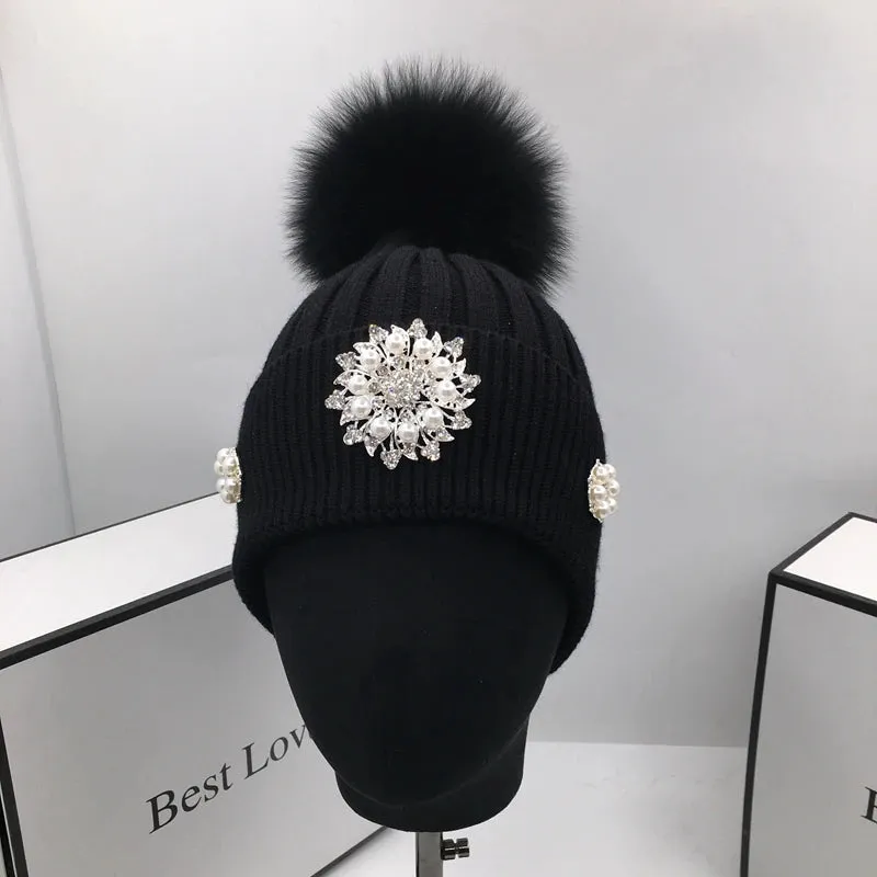 Women's Stylish Winter Flower Pattern Diamond Fashion Warm Beanies Hat