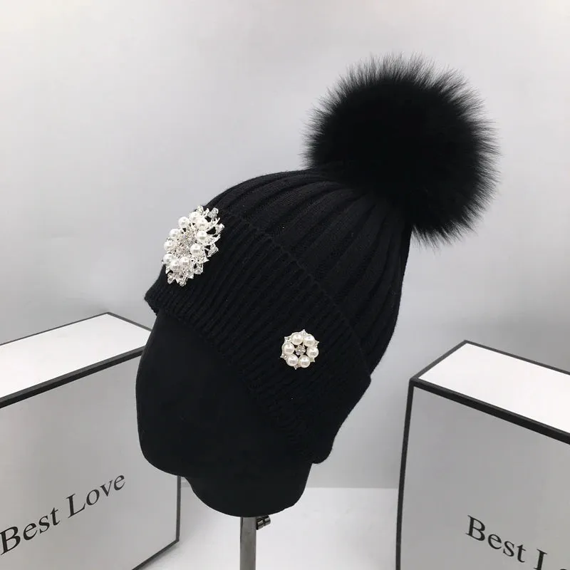 Women's Stylish Winter Flower Pattern Diamond Fashion Warm Beanies Hat