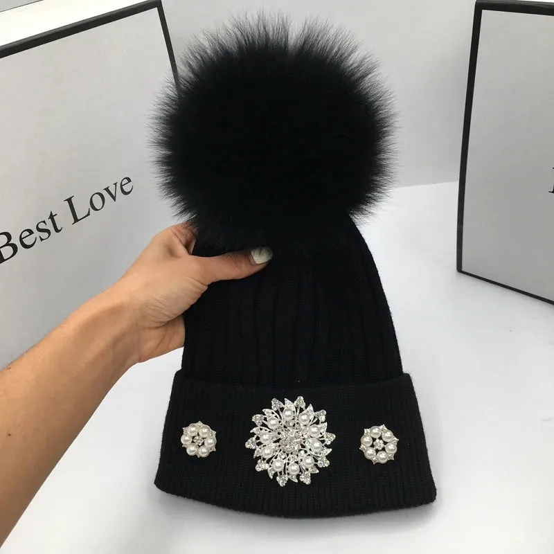 Women's Stylish Winter Flower Pattern Diamond Fashion Warm Beanies Hat