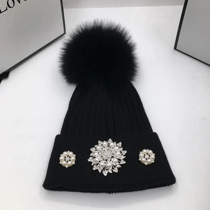 Women's Stylish Winter Flower Pattern Diamond Fashion Warm Beanies Hat