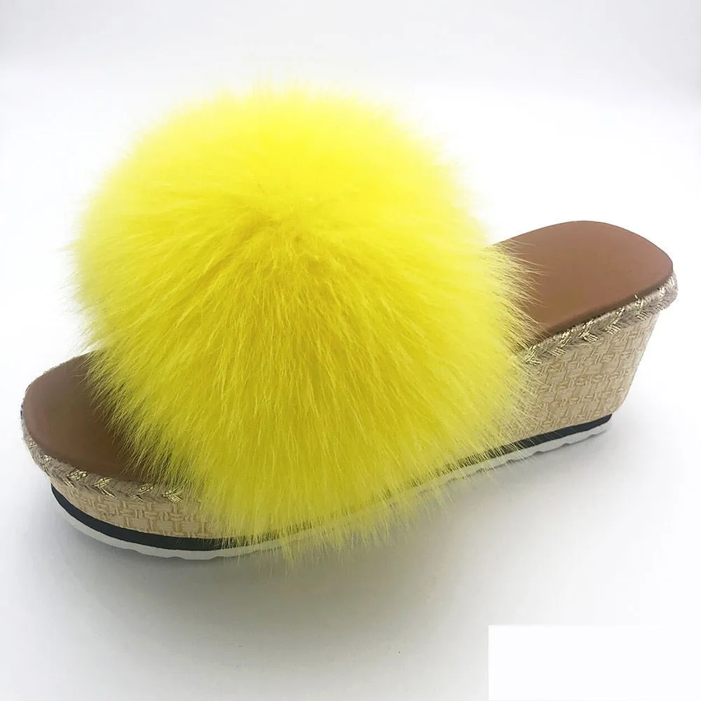 Women's Summer Fashion Real Fox Fur High-Heel Indoor House Slippers