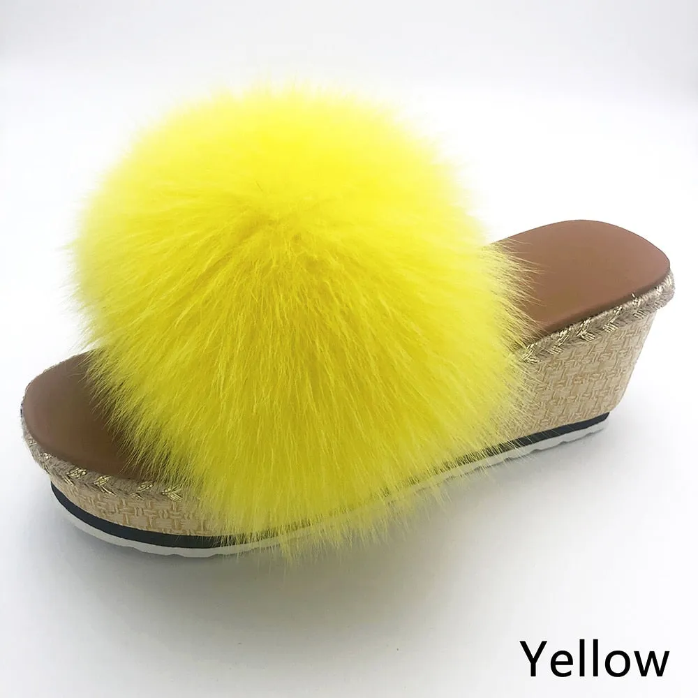 Women's Summer Fashion Real Fox Fur High-Heel Indoor House Slippers