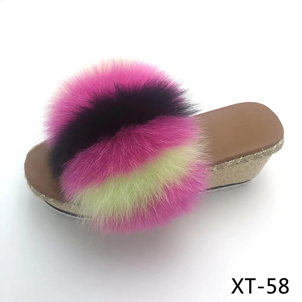 Women's Summer Fashion Real Fox Fur Indoor High-Heel House Slippers