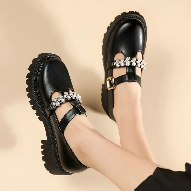 Women's Thick Sole Round Toe Buckle Strap Med Heel Lolita Shoes