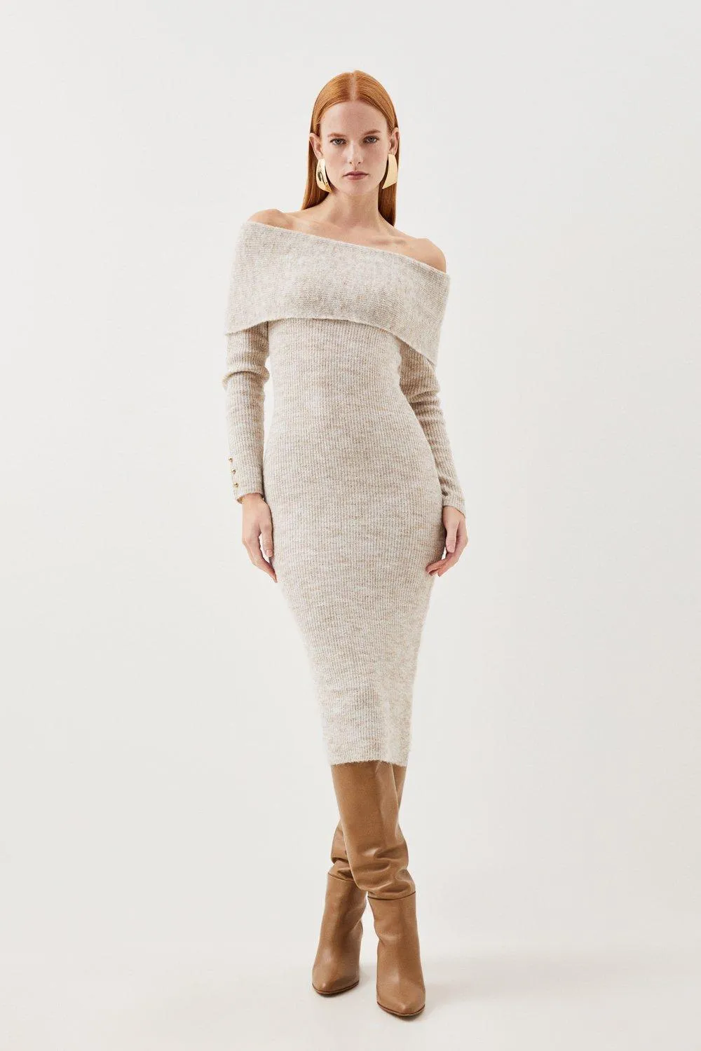 Wool Blend Cosy Bardot Knit Midi Dress | Karen Millen