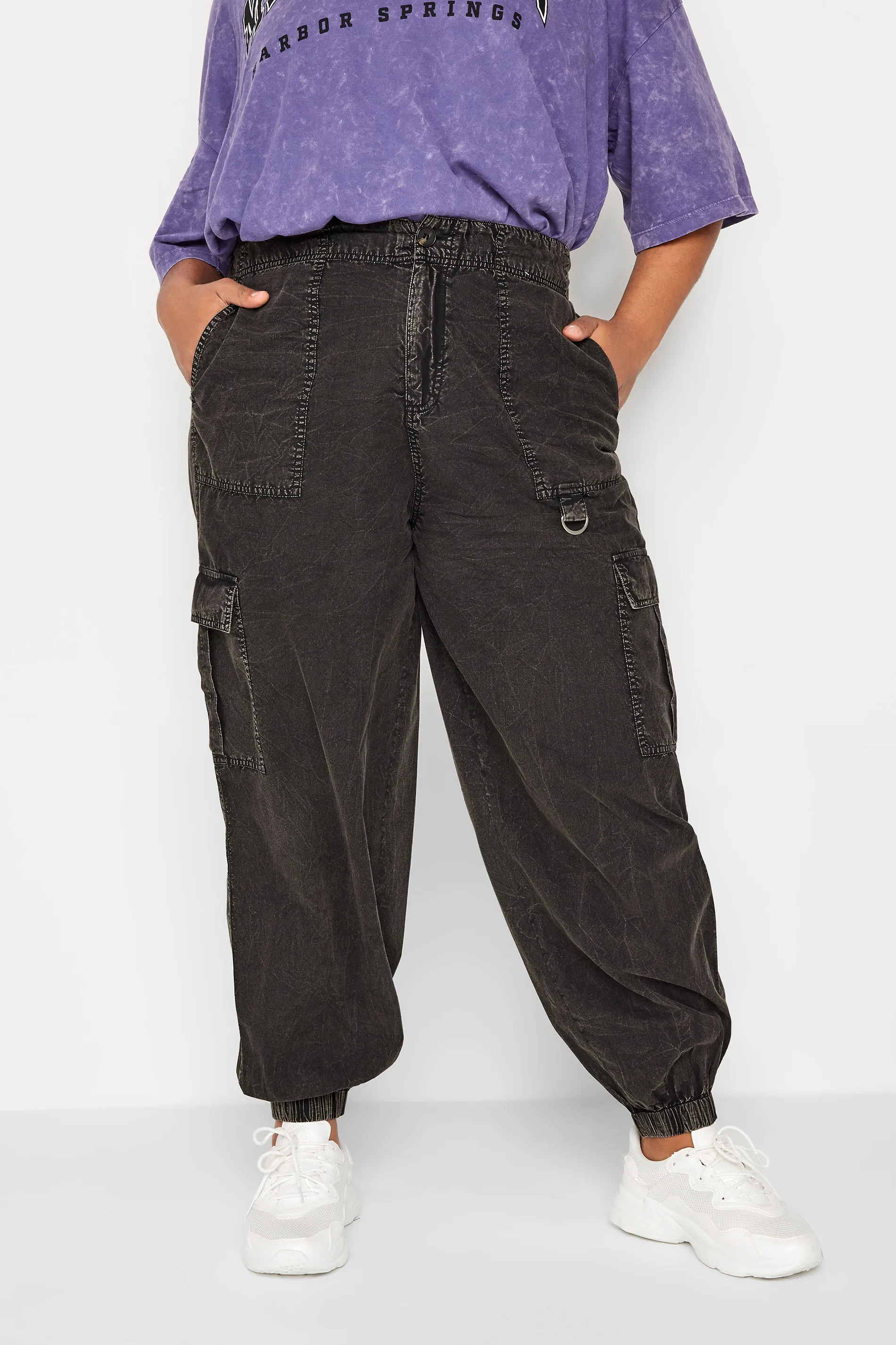 YOURS Curve Black Acid Wash Cargo Trousers