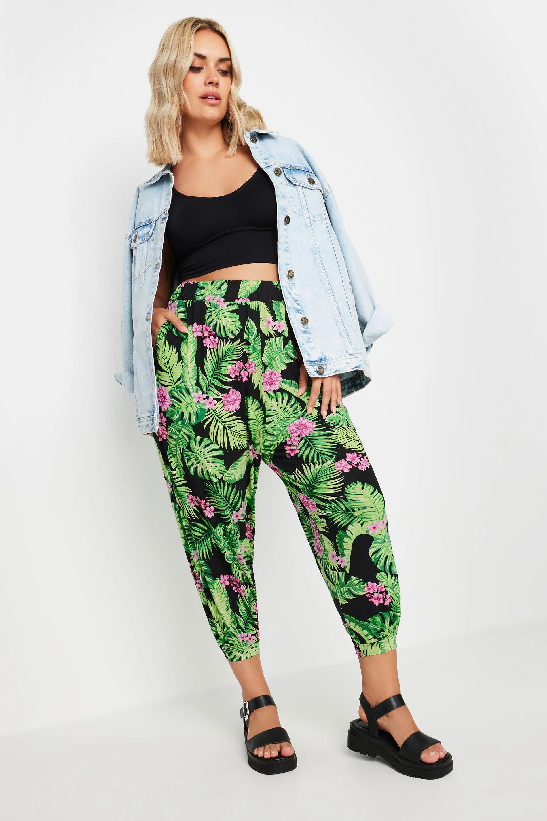 YOURS Curve Black Tropical Print Harem Trousers