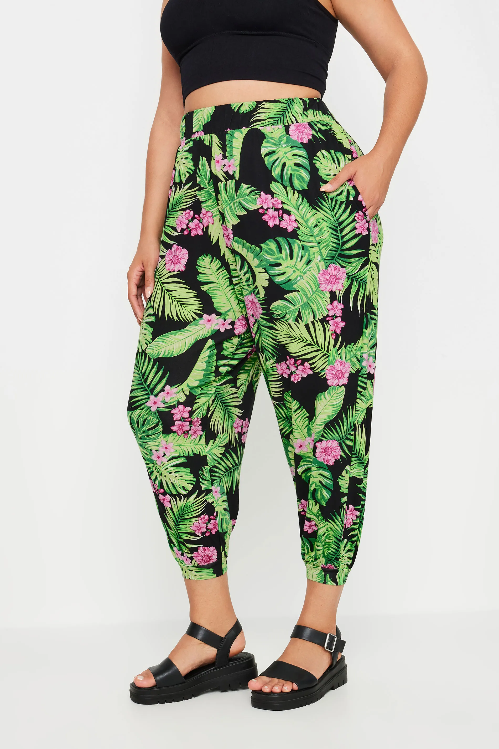 YOURS Curve Black Tropical Print Harem Trousers