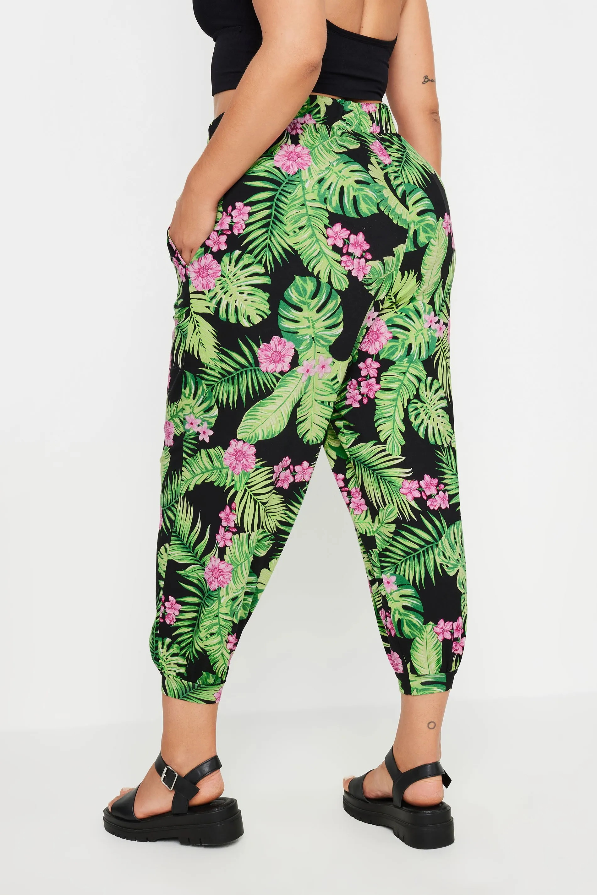 YOURS Curve Black Tropical Print Harem Trousers