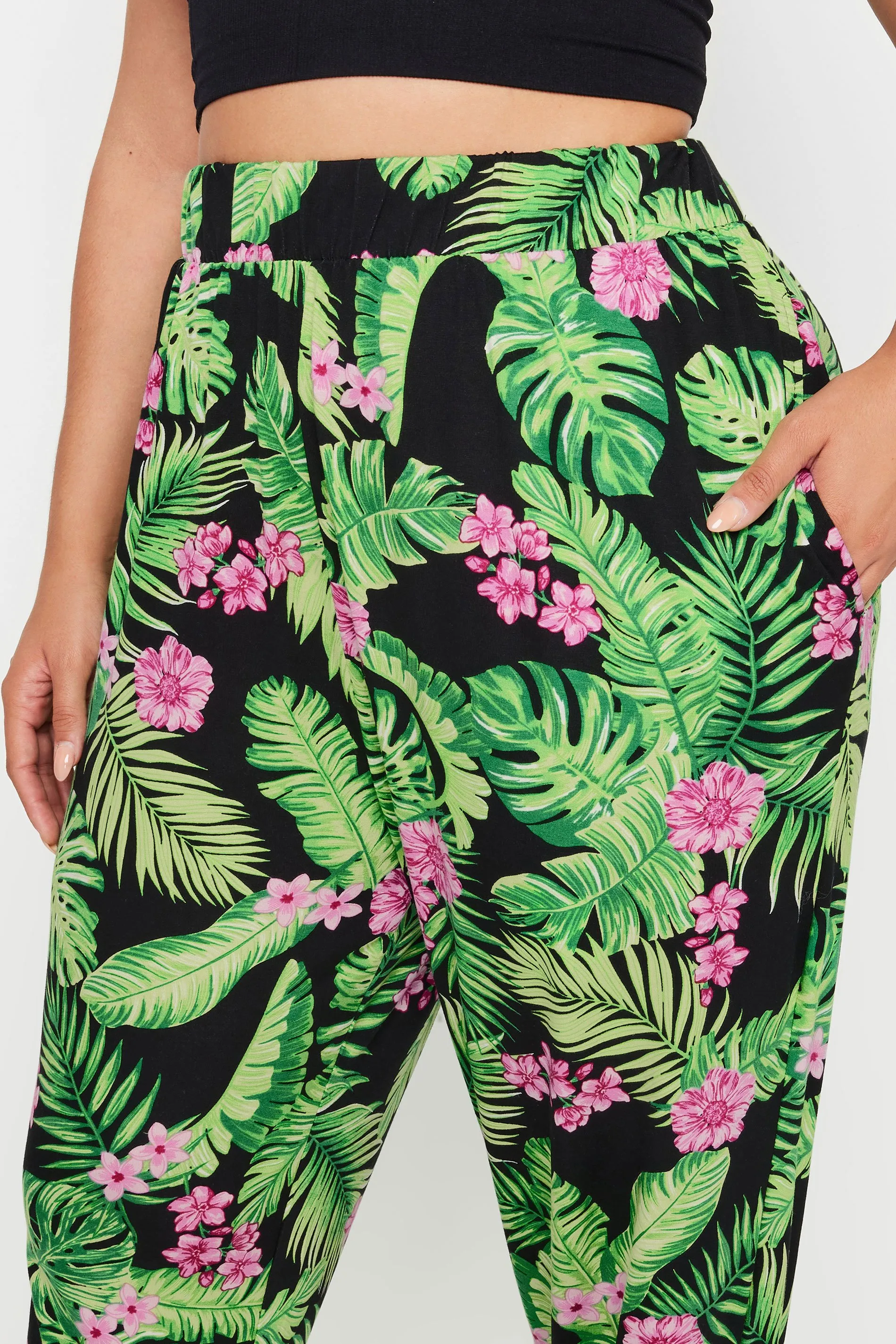 YOURS Curve Black Tropical Print Harem Trousers