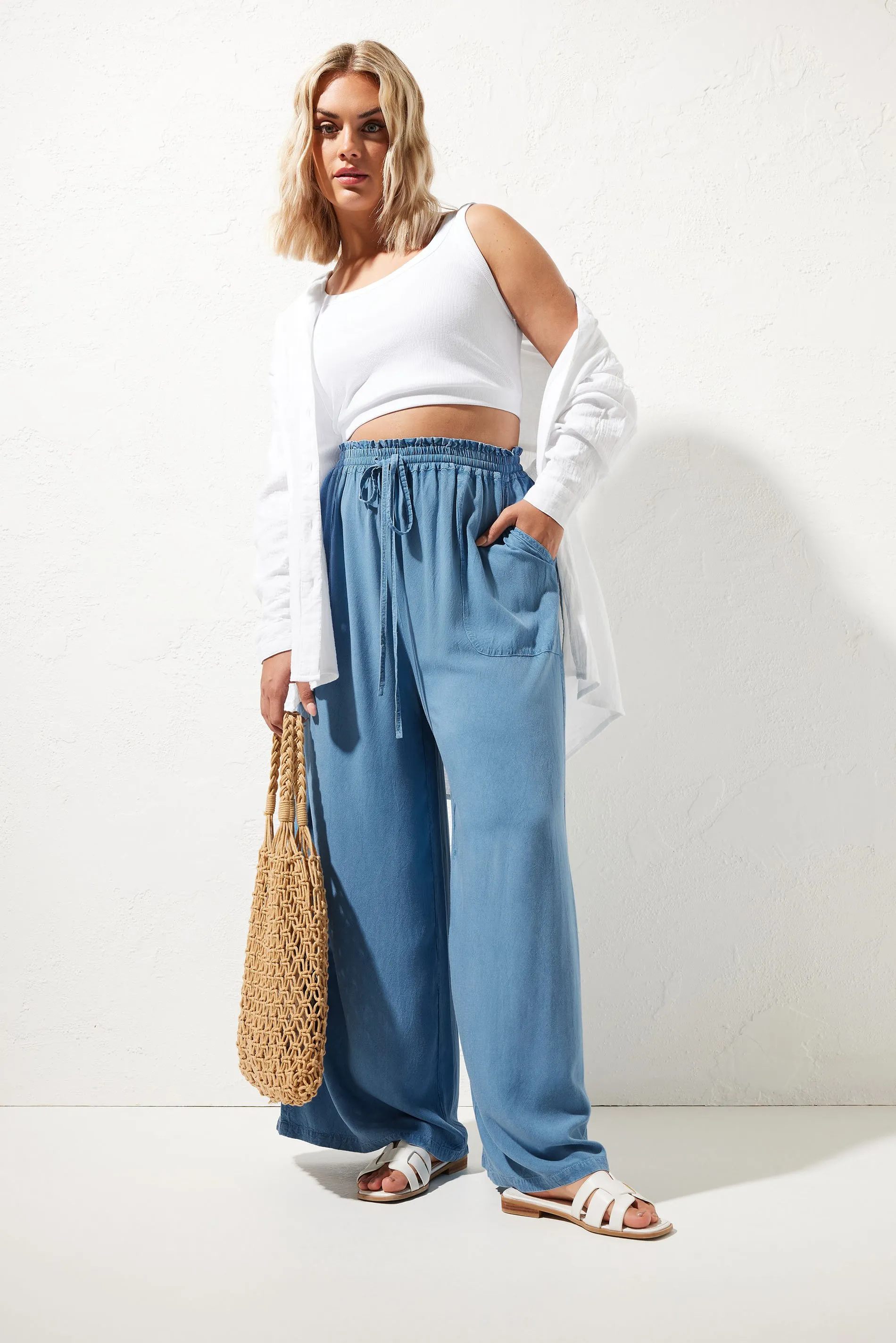 YOURS Curve Blue Chambray Wide Leg Trousers