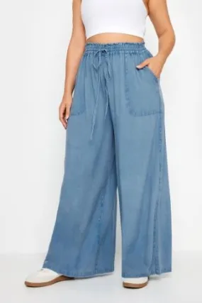 YOURS Curve Blue Chambray Wide Leg Trousers