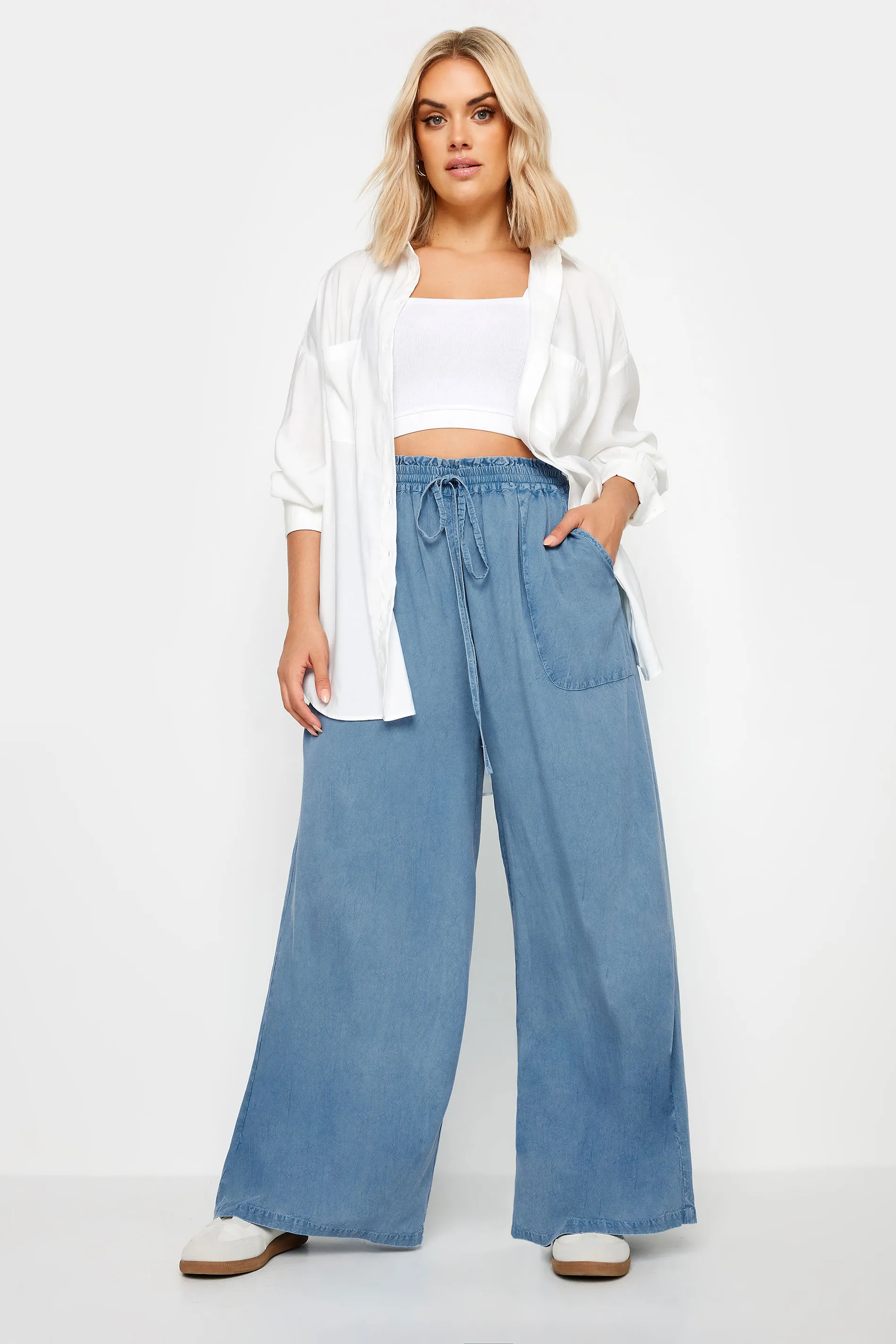 YOURS Curve Blue Chambray Wide Leg Trousers