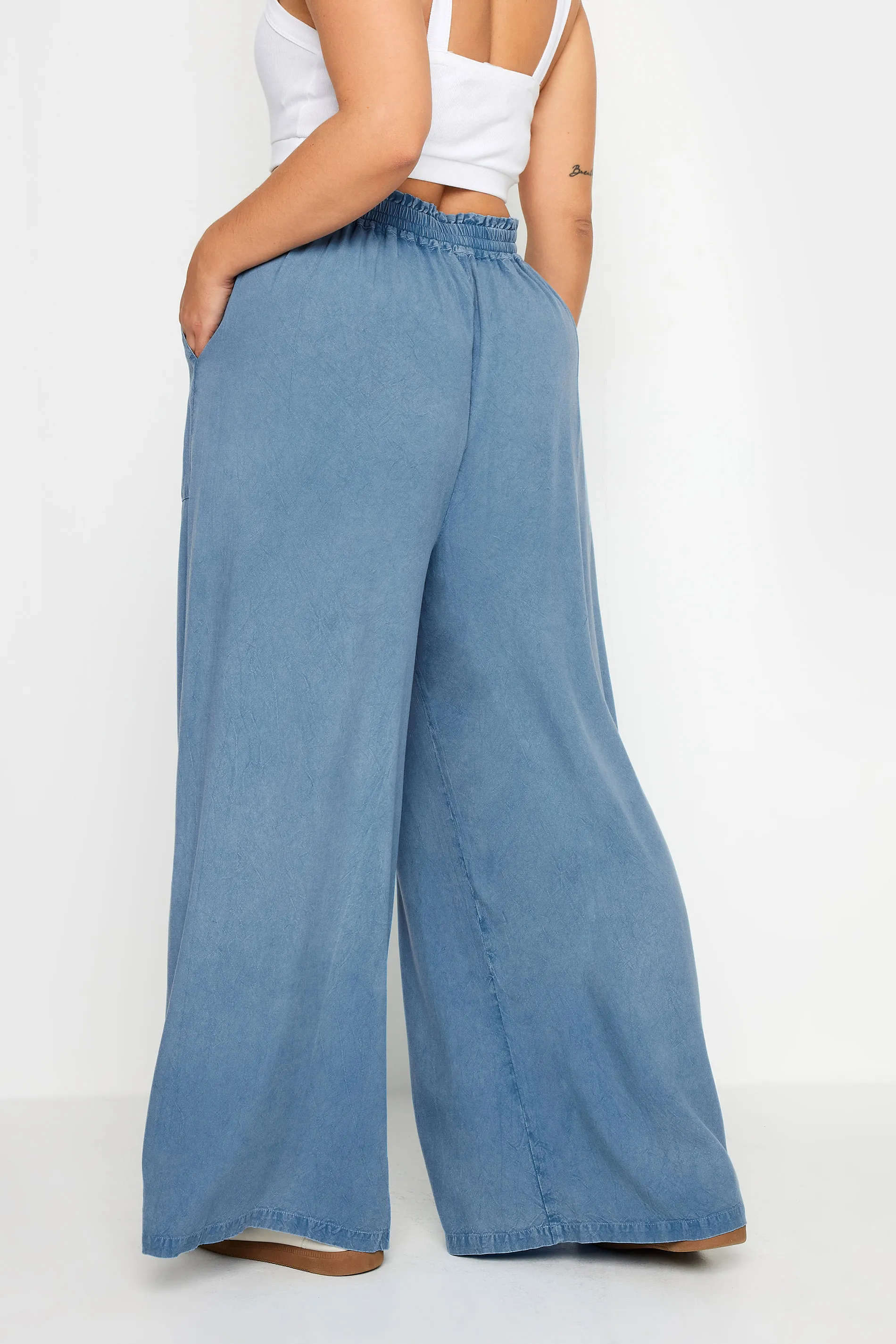 YOURS Curve Blue Chambray Wide Leg Trousers