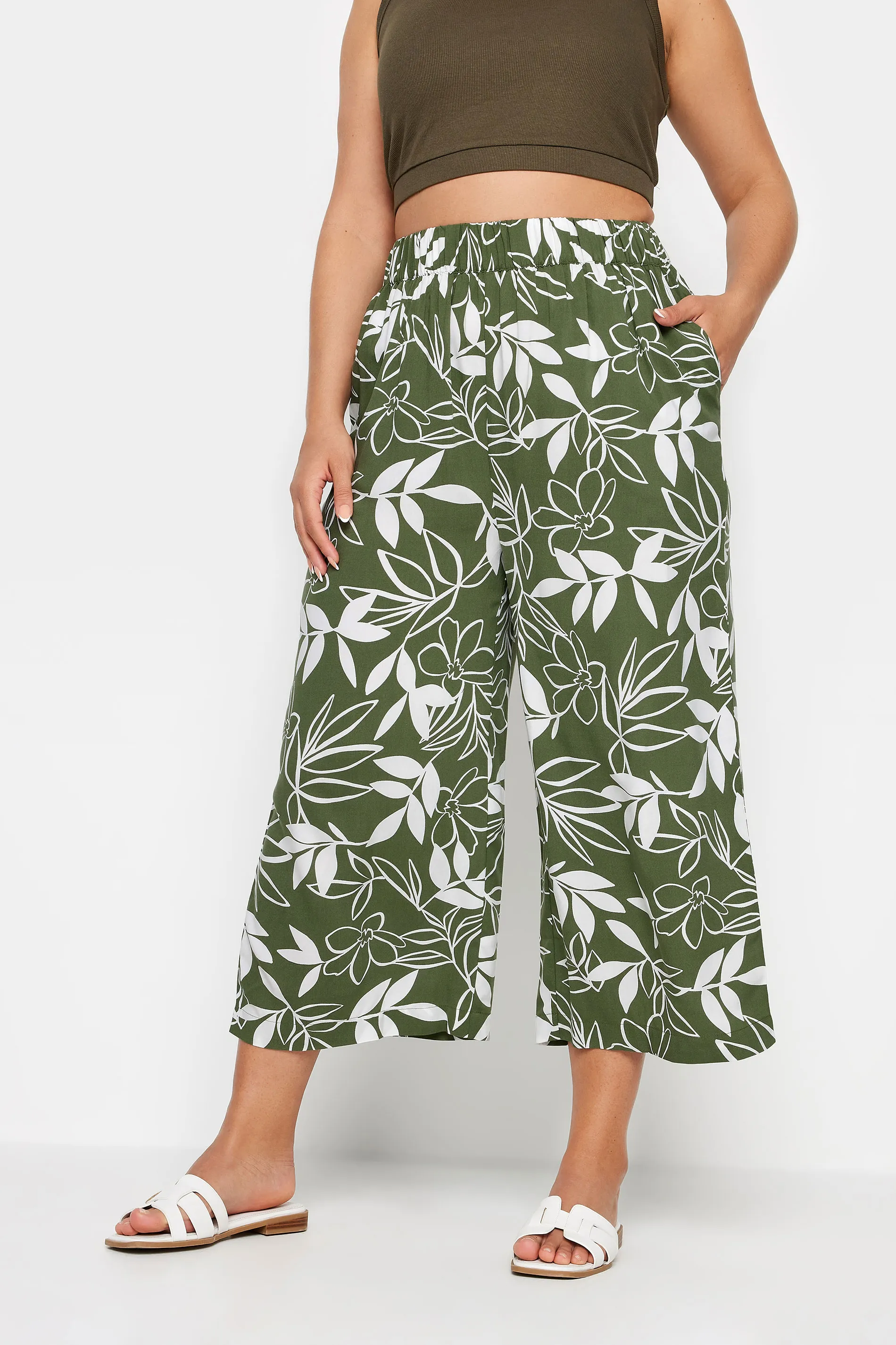 YOURS Curve Green Leaf Print Cropped Trousers