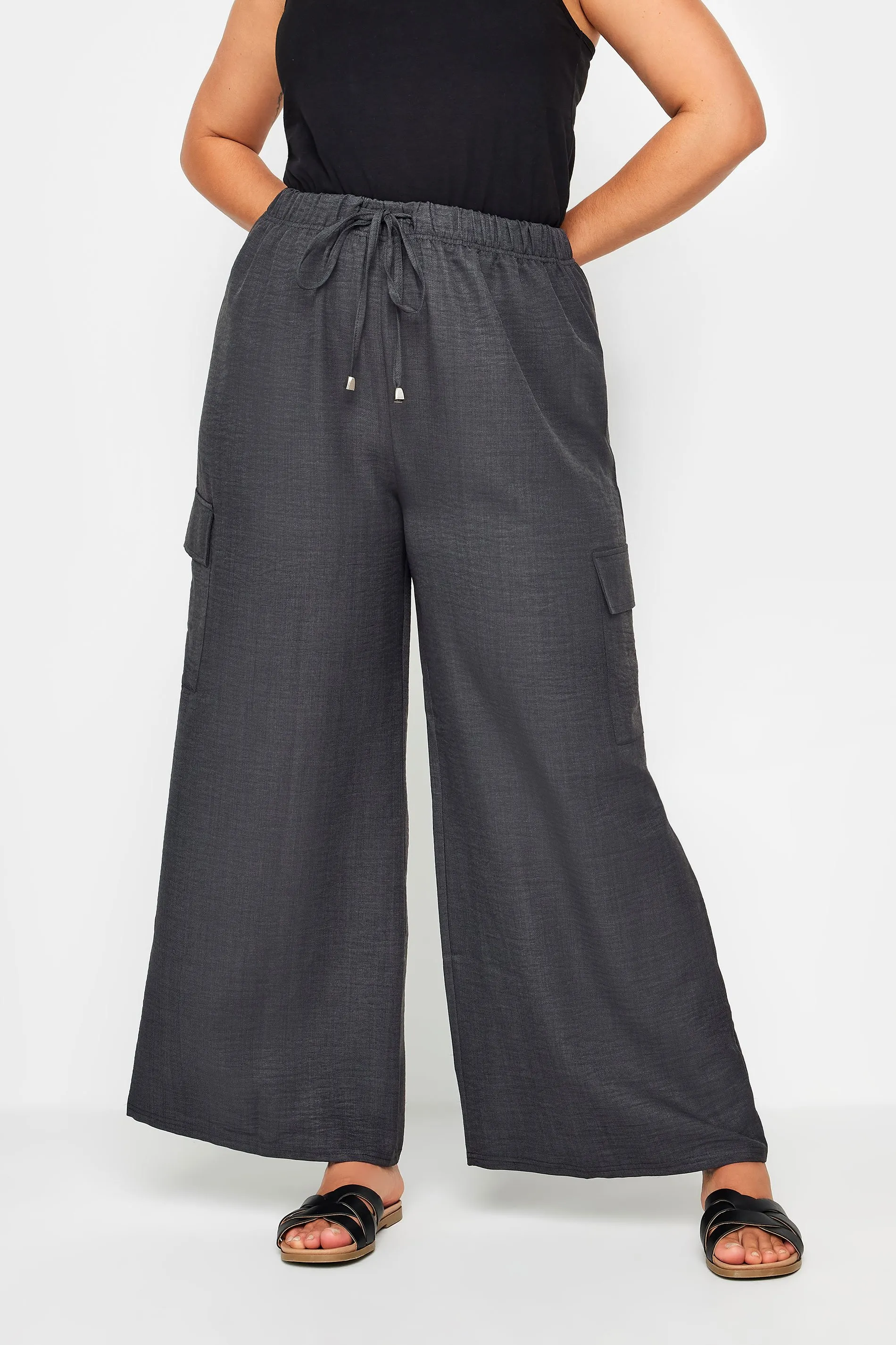 YOURS Curve Grey Linen Look Cargo Trousers