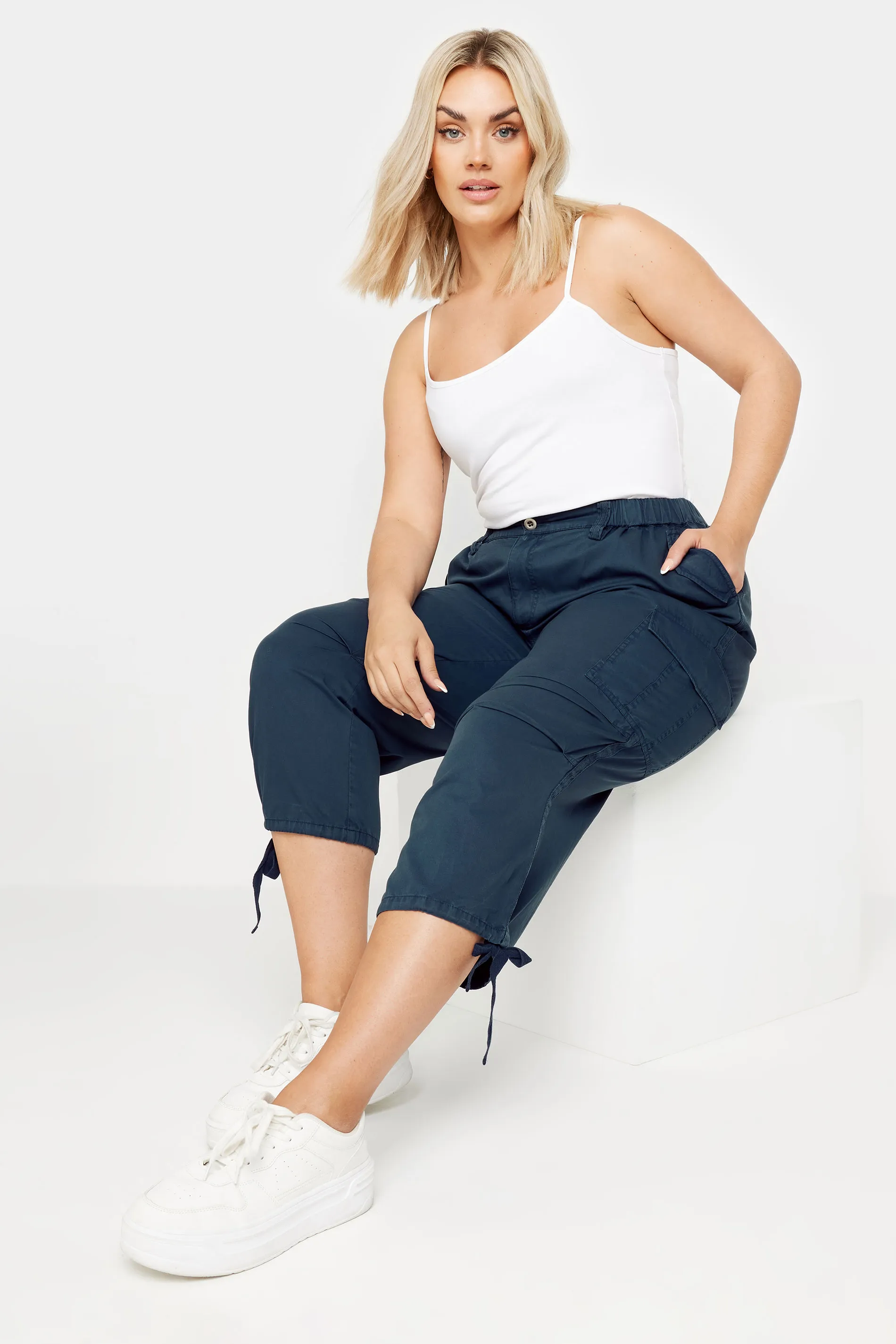 YOURS Curve Navy Blue Cargo Cropped Trousers