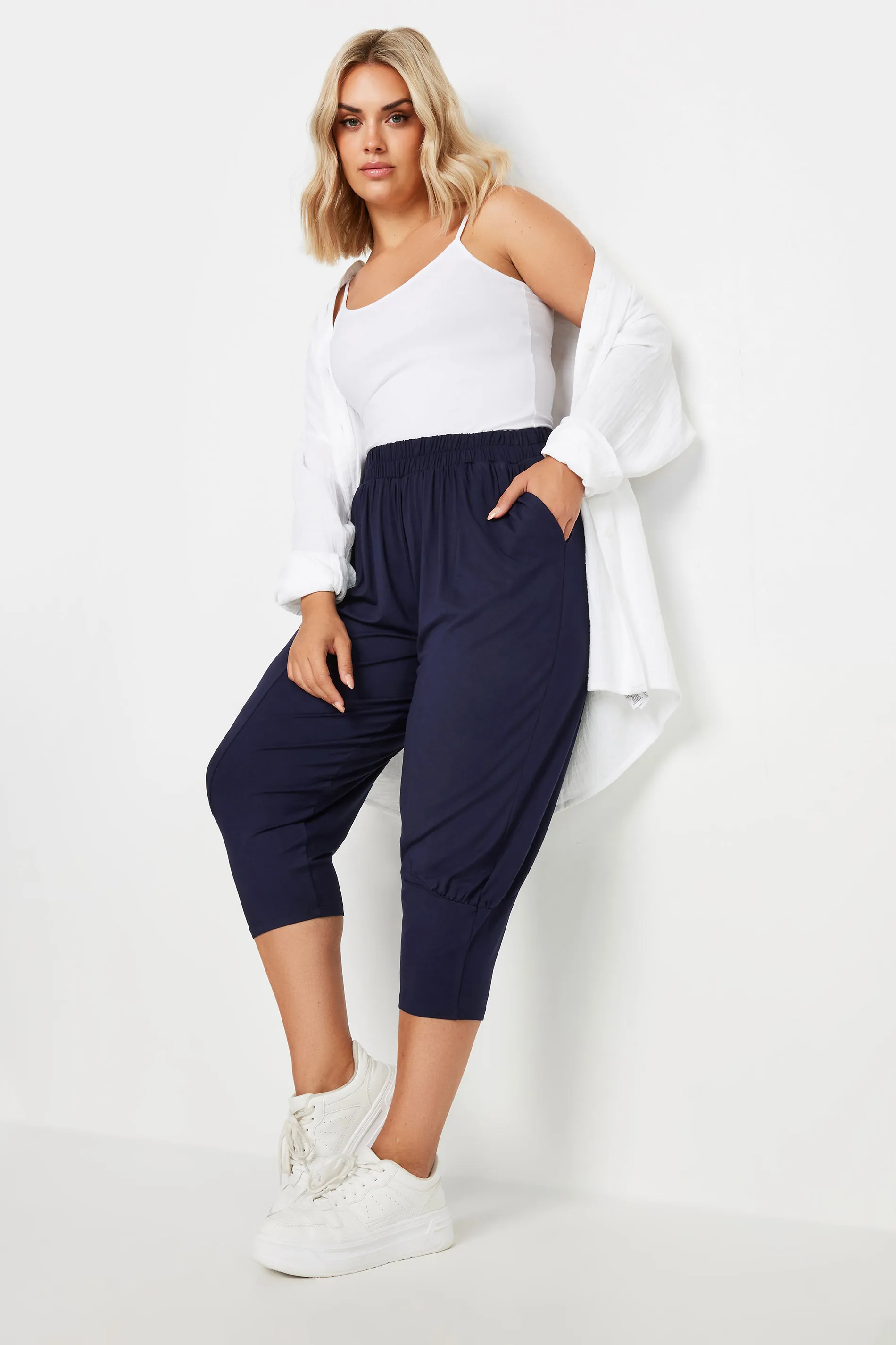 YOURS Curve Navy Blue Ruched Harem Trousers