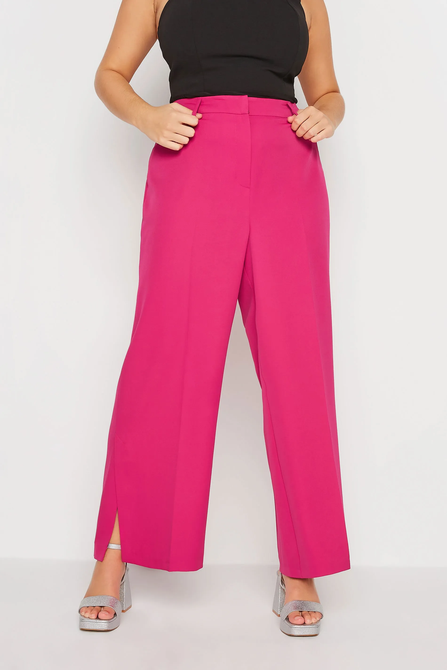 YOURS Curve Pink Split Hem Flared Trousers