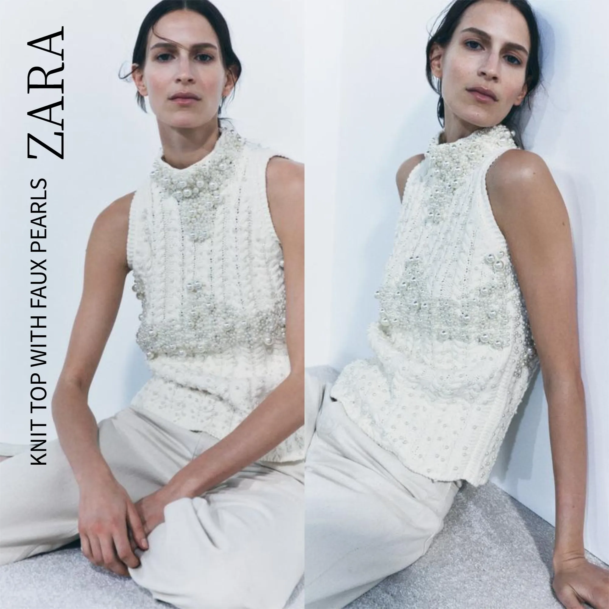 ZARA  |KNITWEAR TOP WITH FAUX PEARLS