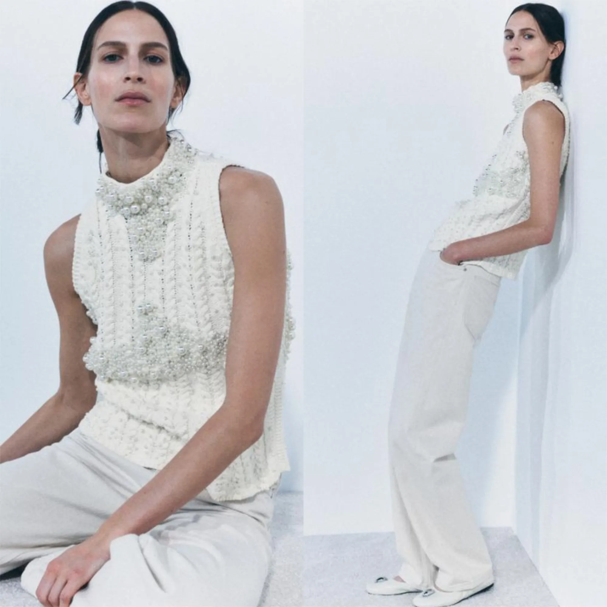 ZARA  |KNITWEAR TOP WITH FAUX PEARLS